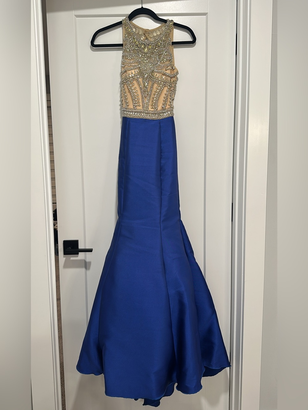 Embellished Jewel Bodice Evening Dress - Nude & Royal Blue - Picture 2 of 5